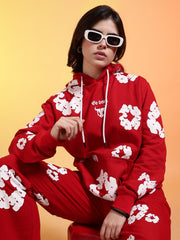 Go Devil White Floral Printed Red Womens Hooded Co-ord Set