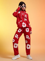 Go Devil White Floral Printed Red Womens Hooded Co-ord Set