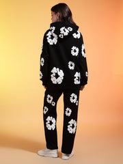 Go Devil White Floral Printed Black Womens Hooded Co-ord Set