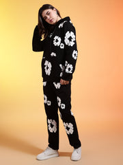 Go Devil White Floral Printed Black Womens Hooded Co-ord Set