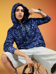 Go Devil Blue Digital Camo Printed Winter Hoodie For Women