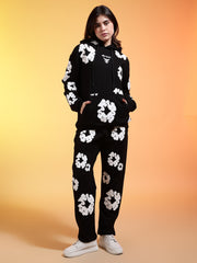 Go Devil White Floral Printed Black Womens Hooded Co-ord Set