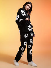 Go Devil White Floral Printed Black Womens Hooded Co-ord Set