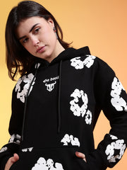 Go Devil White Floral Printed Black Womens Hooded Co-ord Set