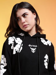 Go Devil White Floral Printed Black Womens Hooded Co-ord Set