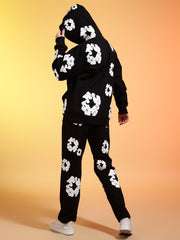 Go Devil White Floral Printed Black Womens Hooded Co-ord Set