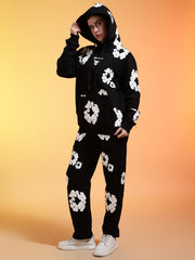 Go Devil White Floral Printed Black Womens Hooded Co-ord Set