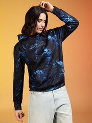 Go Devil Women’s Black & Blue Abstract Printed Winter Hoodie