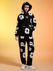 Go Devil White Floral Printed Black Womens Hooded Co-ord Set