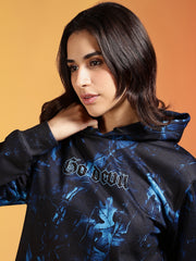 Go Devil Women’s Black & Blue Abstract Printed Winter Hoodie