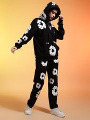 Go Devil White Floral Printed Black Womens Hooded Co-ord Set