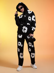 Go Devil White Floral Printed Black Womens Hooded Co-ord Set