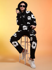 Go Devil White Floral Printed Black Womens Hooded Co-ord Set