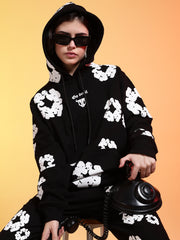 Go Devil White Floral Printed Black Womens Hooded Co-ord Set