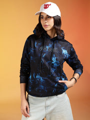 Go Devil Women’s Black & Blue Abstract Printed Winter Hoodie