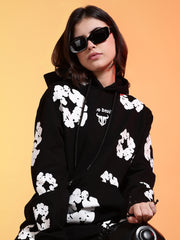 Go Devil White Floral Printed Black Womens Hooded Co-ord Set