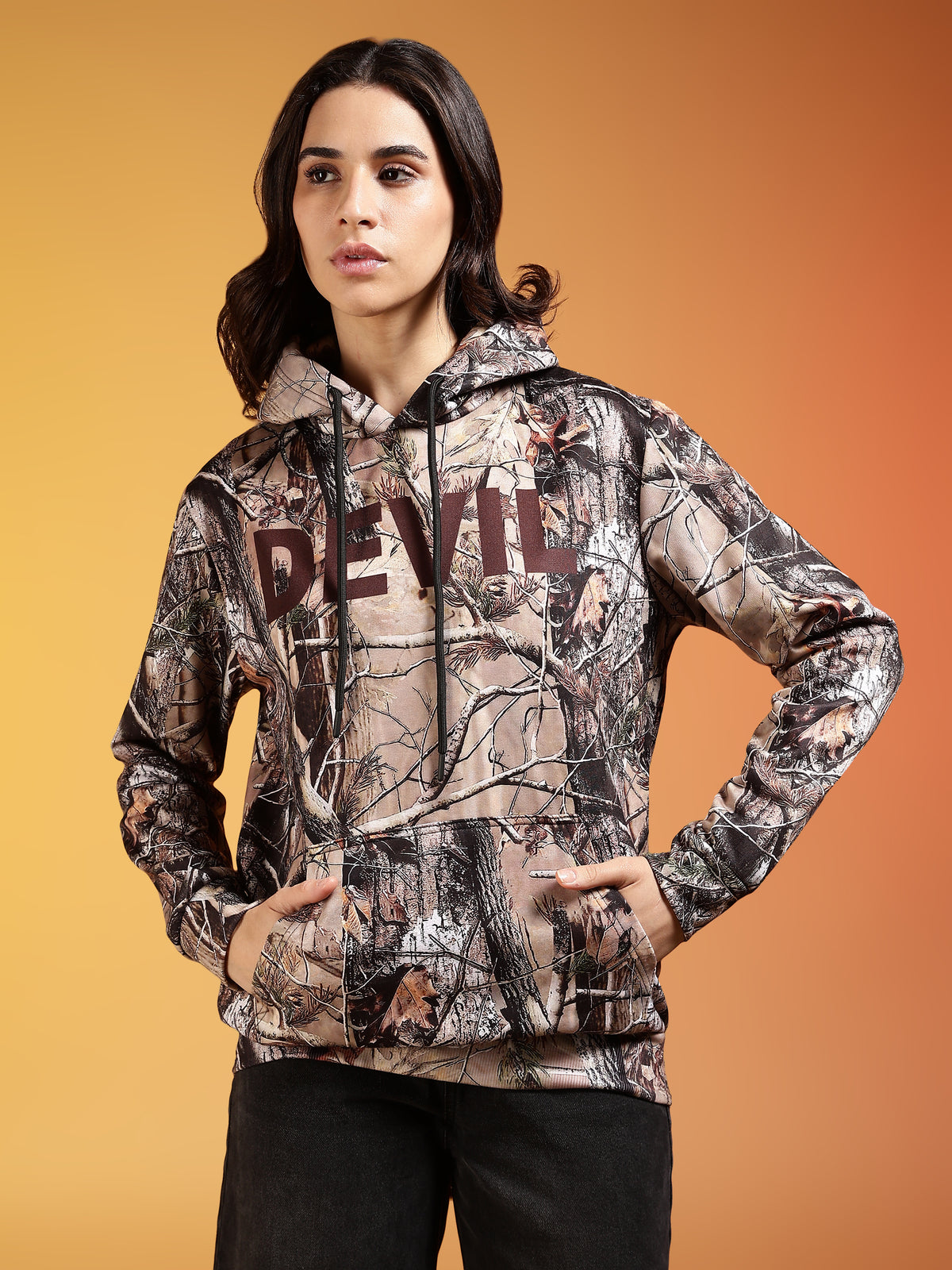 Go Devil Brown Forest Camo Printed Hoodie For Women’s