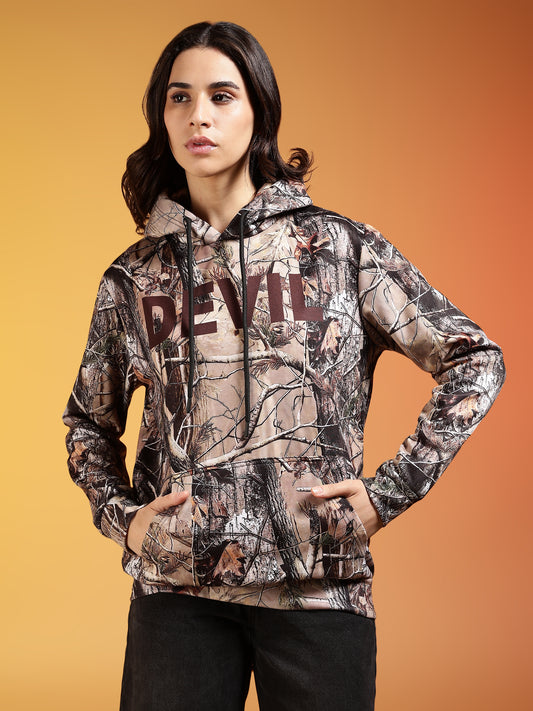 Go Devil Brown Forest Camo Printed Hoodie For Women’s
