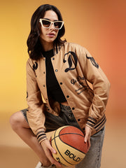 Go Devil Women’s Stylish Beige Varsity Jacket