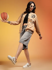 Go Devil Women’s Stylish Beige Varsity Jacket