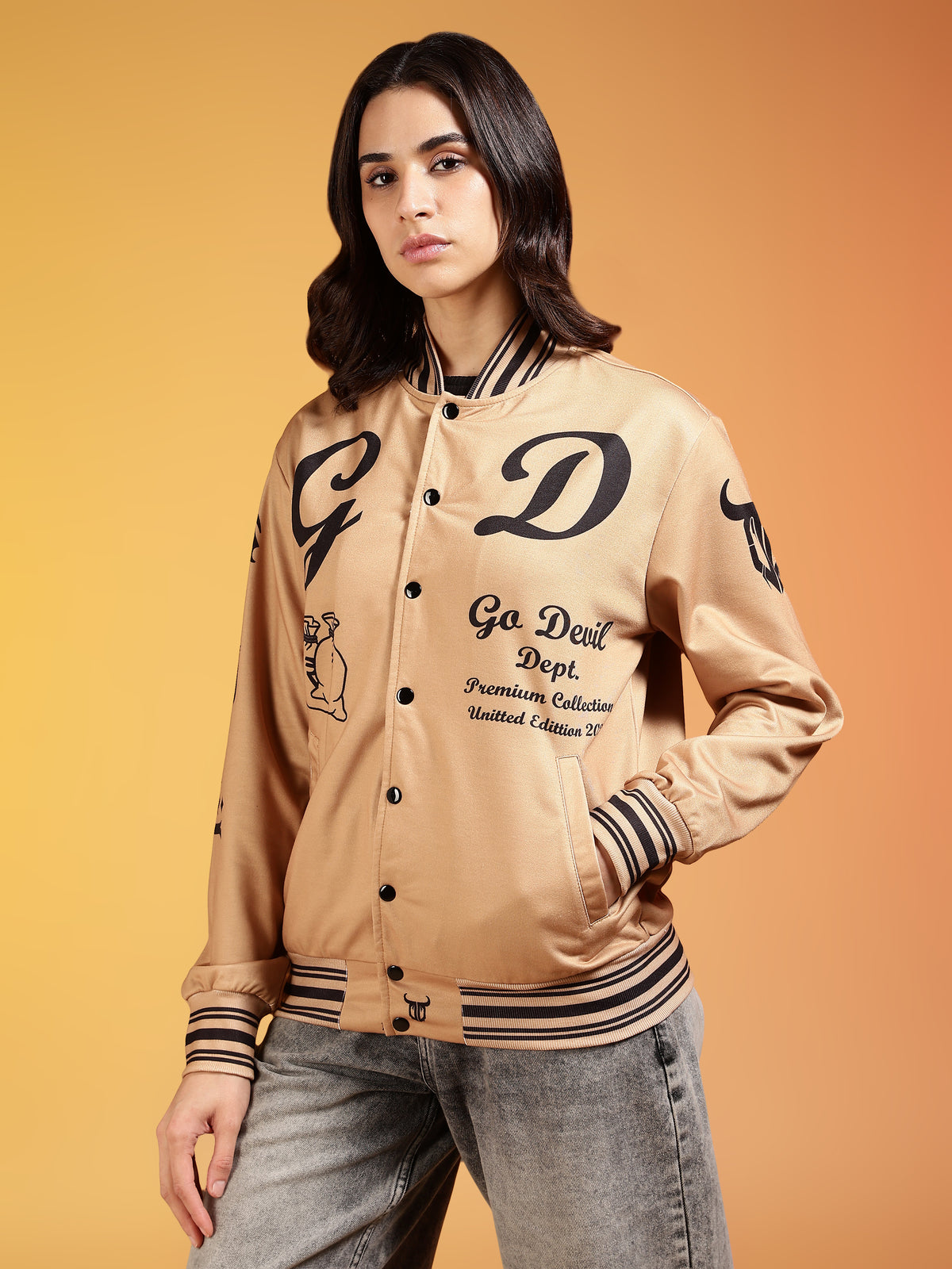 Go Devil Women’s Stylish Beige Varsity Jacket