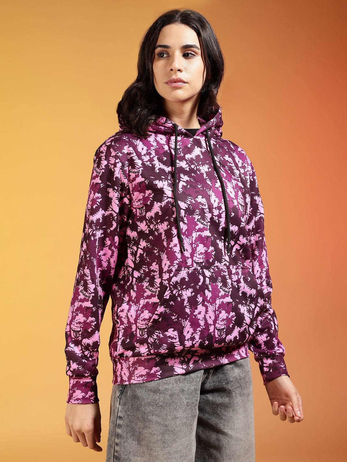 Go Devil Women’s Pink Floral Abstract Printed Hoodie
