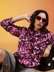 Go Devil Women’s Pink Floral Abstract Printed Hoodie