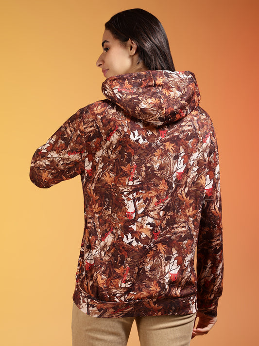 Go Devil Stylish Brown Leaf Pattern Hoodie for Women