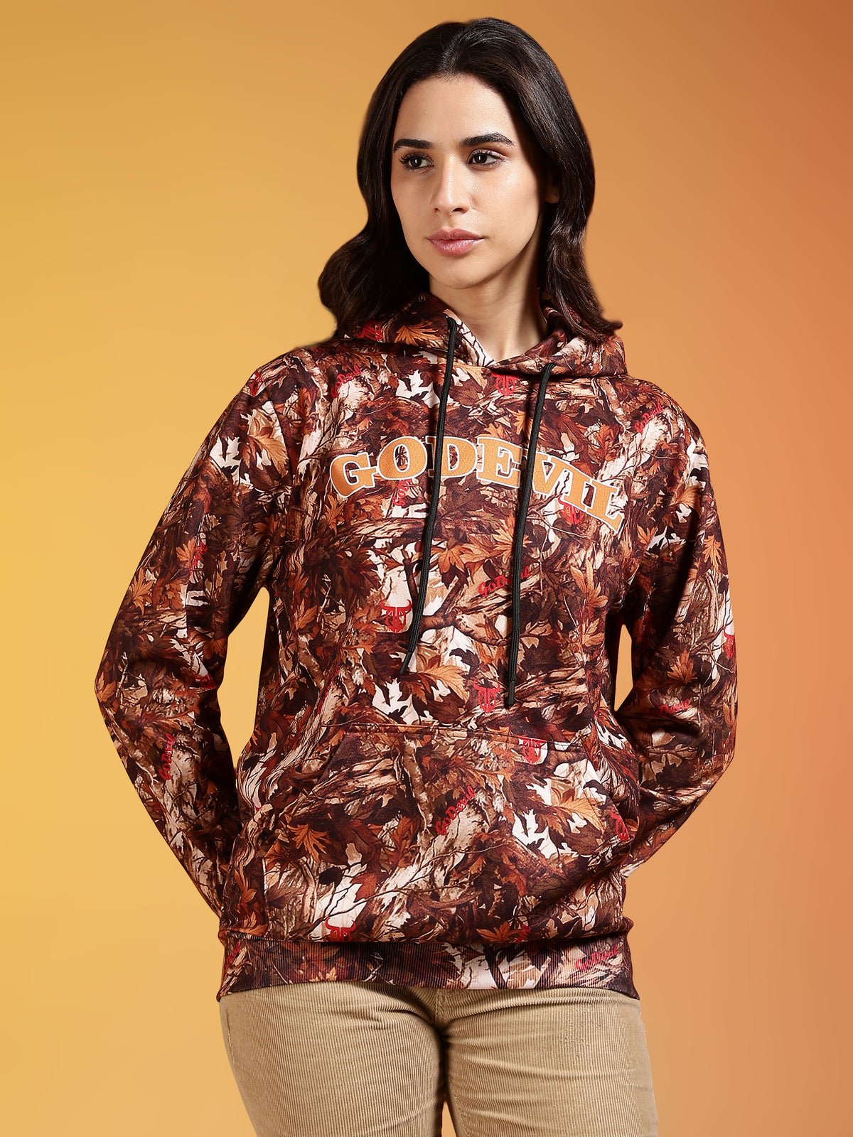 Go Devil Stylish Brown Leaf Pattern Hoodie for Women