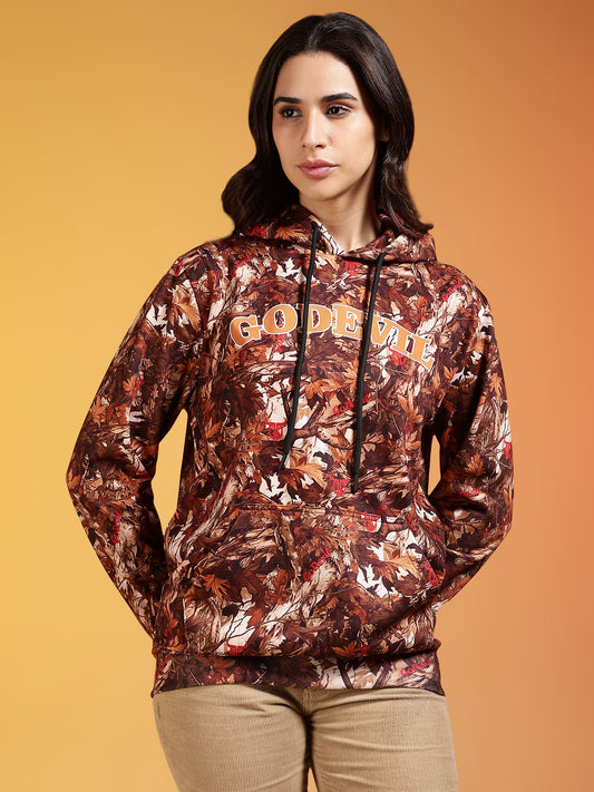 Go Devil Stylish Brown Leaf Pattern Hoodie for Women