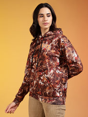 Go Devil Stylish Brown Leaf Pattern Hoodie for Women