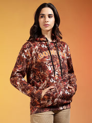 Go Devil Stylish Brown Leaf Pattern Hoodie for Women