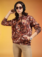 Go Devil Stylish Brown Leaf Pattern Hoodie for Women