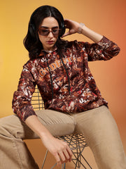 Go Devil Stylish Brown Leaf Pattern Hoodie for Women