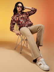 Go Devil Stylish Brown Leaf Pattern Hoodie for Women