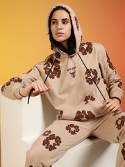 Couples Brown Floral Printed Beige Hooded Co-ord Set
