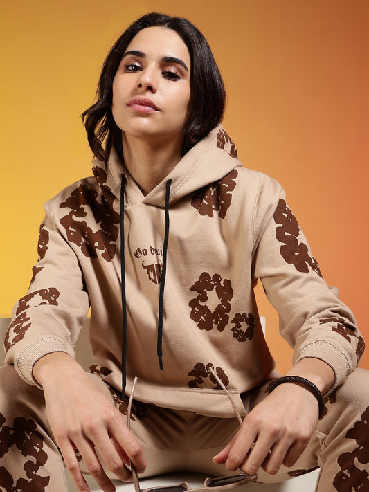 Go Devil Beige Floral Printed Women’s Hooded Co-ord Set
