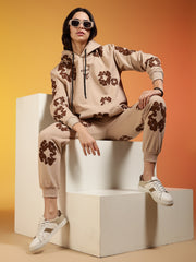 Couples Brown Floral Printed Beige Hooded Co-ord Set