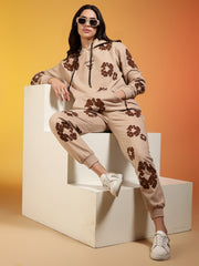 Couples Brown Floral Printed Beige Hooded Co-ord Set