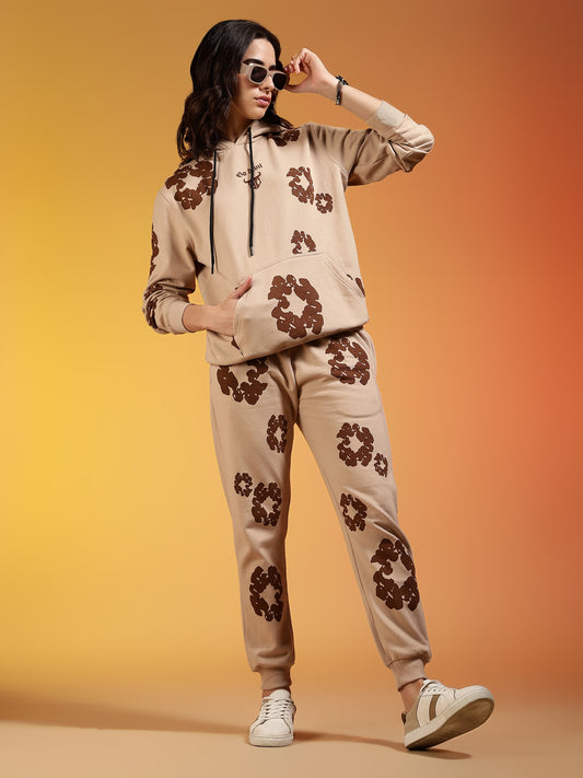 Go Devil Beige Floral Printed Women’s Hooded Co-ord Set