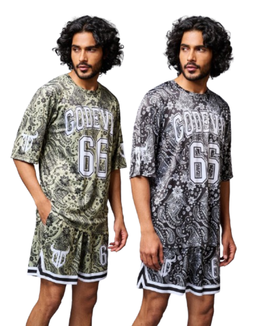 Pack of 2 Go Devil 66 Printed Paisley White & Black & Green & Black Co-ord Set for Men
