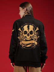 Go Devil Womens Black Bomber Varsity Jacket with Beige Graphic Print