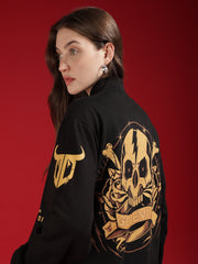 Go Devil Womens Black Bomber Varsity Jacket with Beige Graphic Print