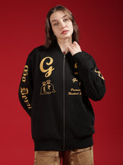 Go Devil Womens Black Bomber Varsity Jacket with Beige Graphic Print