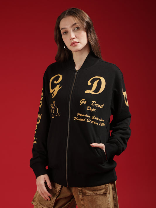 Go Devil Womens Black Bomber Varsity Jacket with Beige Graphic Print