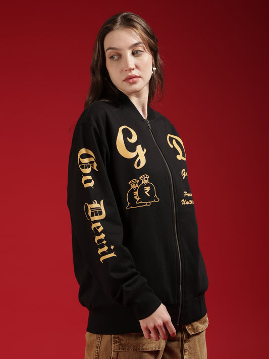 Go Devil Womens Black Bomber Varsity Jacket with Beige Graphic Print