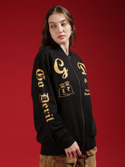 Go Devil Womens Black Bomber Varsity Jacket with Beige Graphic Print