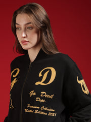 Go Devil Womens Black Bomber Varsity Jacket with Beige Graphic Print