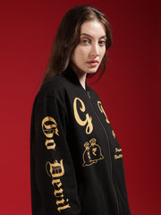 Go Devil Womens Black Bomber Varsity Jacket with Beige Graphic Print