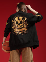 Go Devil Womens Black Bomber Varsity Jacket with Beige Graphic Print